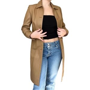 *SOLD* Kenneth Cole camel-colored leather trench coat with cream stitching